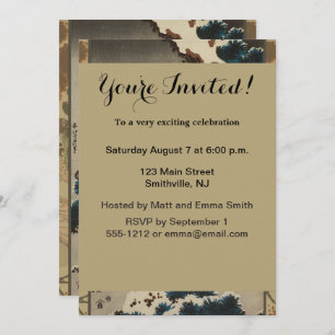 Kranen op een met sneeuw beklede Pine Hokusai Kaart