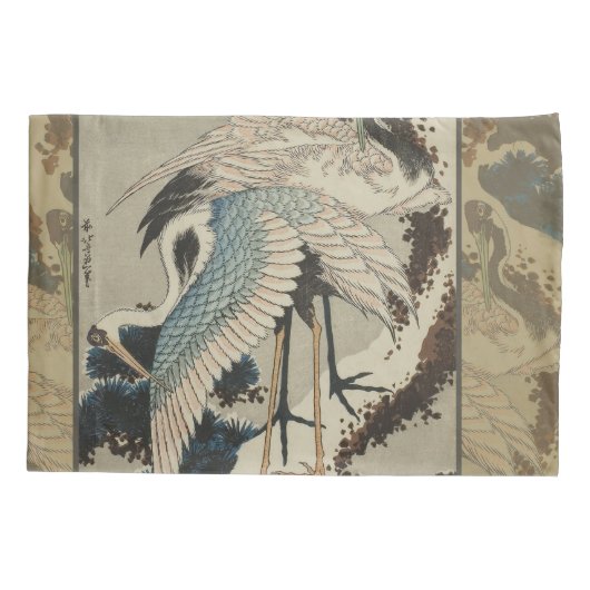 Kranen op een met sneeuw beklede Pine Hokusai Kussensloop (Achterkant)