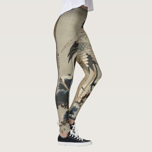 Kranen op een met sneeuw beklede Pine Hokusai Leggings (Rechts)