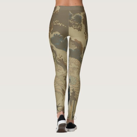 Kranen op een met sneeuw beklede Pine Hokusai Leggings (Achterkant)