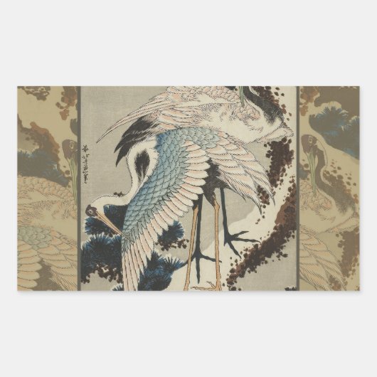 Kranen op een met sneeuw beklede Pine Hokusai Rechthoekige Sticker (Voorkant)