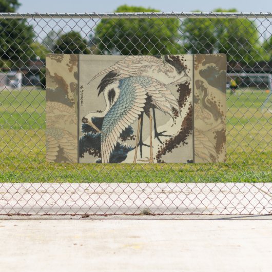 Kranen op een met sneeuw beklede Pine Hokusai Spandoek (Insitu)