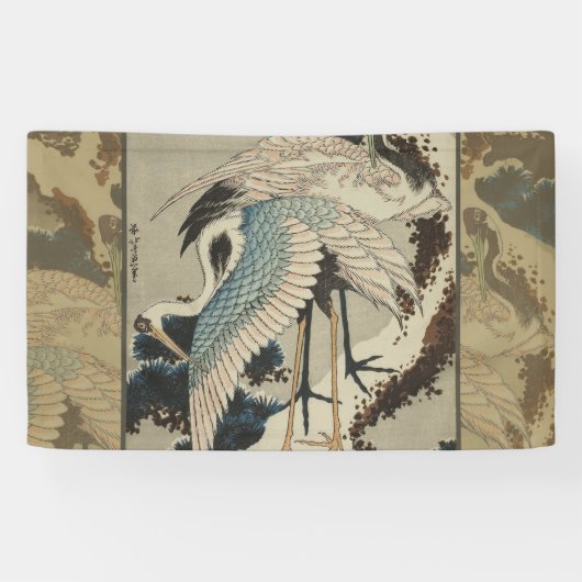 Kranen op een met sneeuw beklede Pine Hokusai Spandoek (Horizontaal)