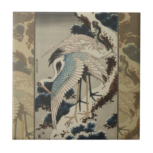 Kranen op een met sneeuw beklede Pine Hokusai Tegeltje (Voorkant)