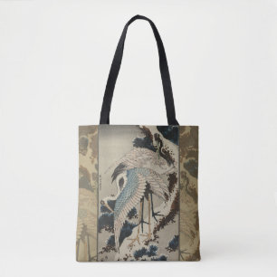 Kranen op een met sneeuw beklede Pine Hokusai Tote Bag