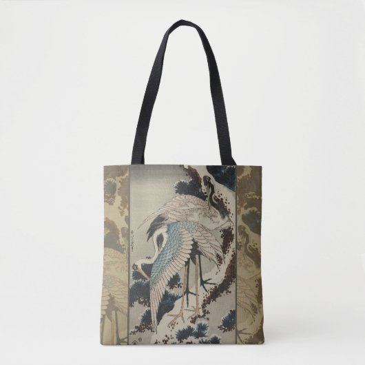 Kranen op een met sneeuw beklede Pine Hokusai Tote Bag (Voorkant)