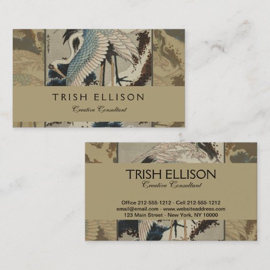 Kranen op een met sneeuw beklede Pine Hokusai Visitekaartje (Voorkant / Achterkant)