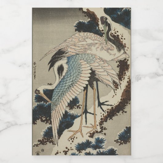 Kranen op een met sneeuw beklede Pine Hokusai Voedselcontainer Etiket (Enkel label)