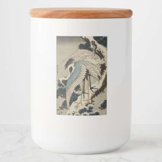 Kranen op een met sneeuw beklede Pine Hokusai Voedselcontainer Etiket (Voorkant)