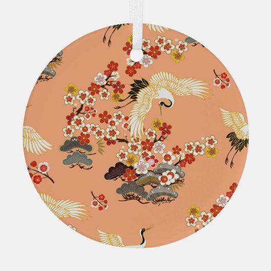 Kranen, sakura, kleurrijk, bloemig, cantaloupe. glas ornament (Achterkant)