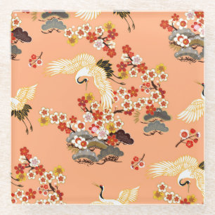 Kranen, sakura, kleurrijk, bloemig, cantaloupe. glazen onderzetter