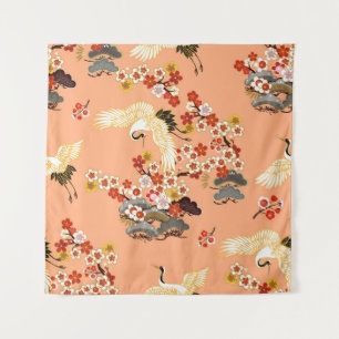 Kranen, sakura, kleurrijk, bloemig, cantaloupe. wandkleed