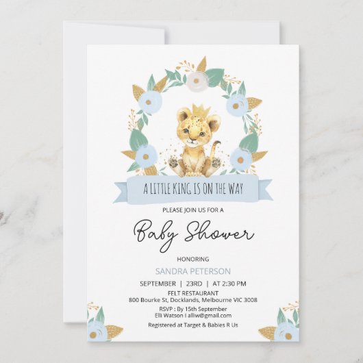 Krans Blauw Bloemen Baby Leeuw Baby shower Kaart (Voorkant)
