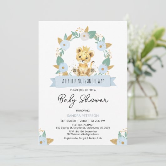 Krans Blauw Bloemen Baby Leeuw Baby shower Kaart (Staand voorkant)