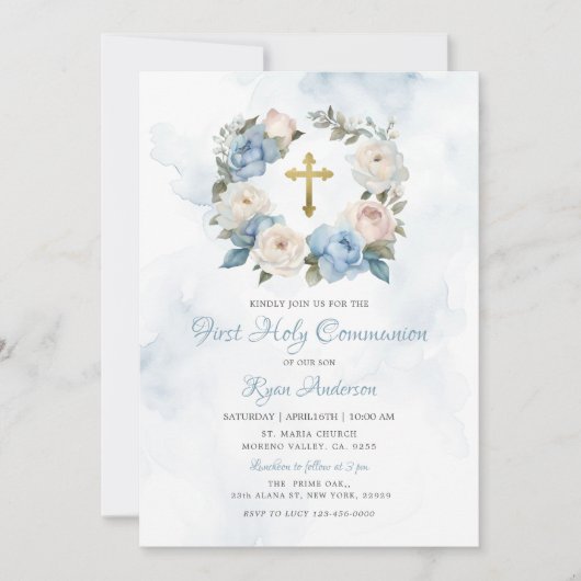 Krans Blauw Roze Eerste Heilige Communie Kaart (Voorkant)