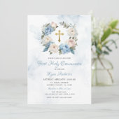 Krans Blauw Roze Eerste Heilige Communie Kaart (Staand voorkant)