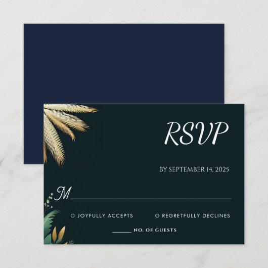 Krans Blauwgroen Palm Beach Groene en gouden bruil RSVP Kaartje (Voorkant / Achterkant)