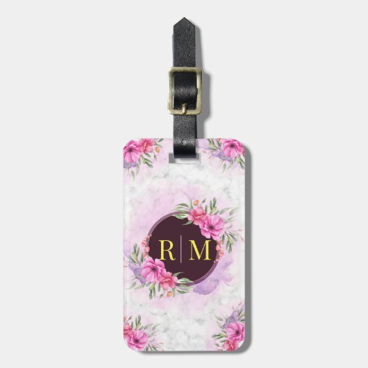Krans Bloem Initial Letter Monogram Naam Marmer Bagagelabel (Voorkant verticaal)