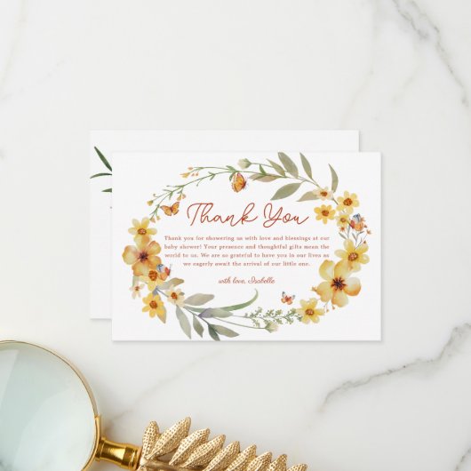 Krans Boho Wildflower Baby shower Dank u kaart (Voorkant / Achterkant in situ)