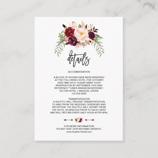 Krans Burgundy Bloem Bruiloft Handgeschreven Detai Informatiekaartje (Voorkant)
