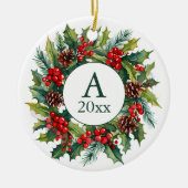 Krans Denneappels Bessen Foto Monogram Jaar  Keramisch Ornament (Voorkant)