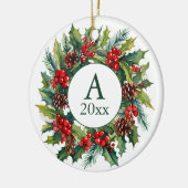 Krans Denneappels Bessen Foto Monogram Jaar  Keramisch Ornament (Links)
