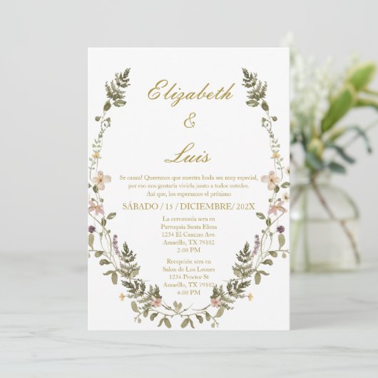 Krans Elegante bruiloft uitnodiging in het Spaans (Staand voorkant)
