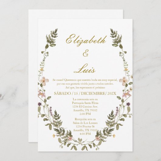 Krans Elegante bruiloft uitnodiging in het Spaans (Voorkant / Achterkant)