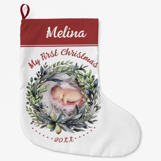 Krans en groen Baby's eerste kerstfoto Grote Kerstsok (Voorkant)