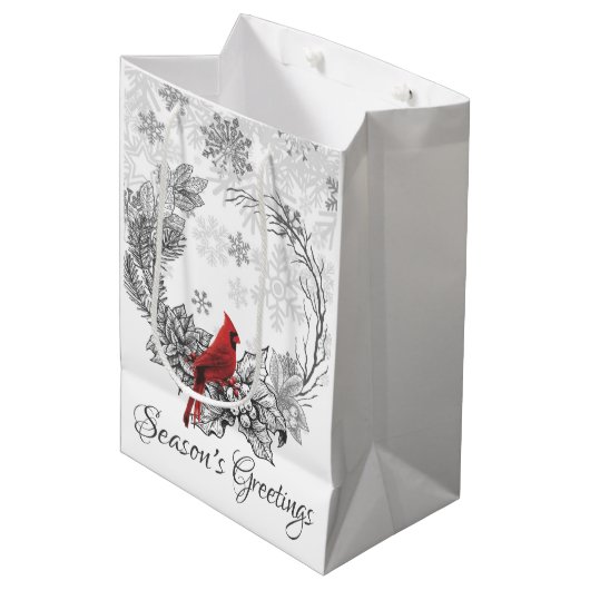 Krans en Red Bird Season's Groeten Vakantie Medium Cadeauzakje (Voorkant Gekanteld)