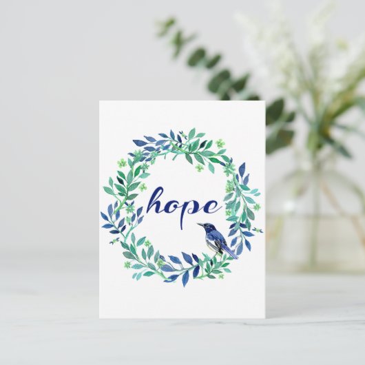 Krans en vogel "hoop" citaat briefkaart (Staand voorkant)