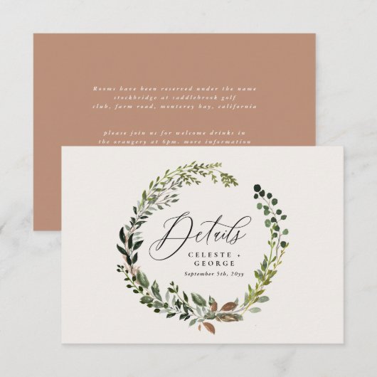 Krans gebladerte botanische schuur bruiloft detail notitiekaartje (Voorkant / Achterkant)