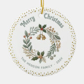 Krans gebladerte Goud Glitter Kerstmis Familie Fot Keramisch Ornament (Voorkant)