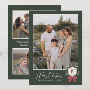 Krans gestreepte strik 4 monogram foto kerstkaart