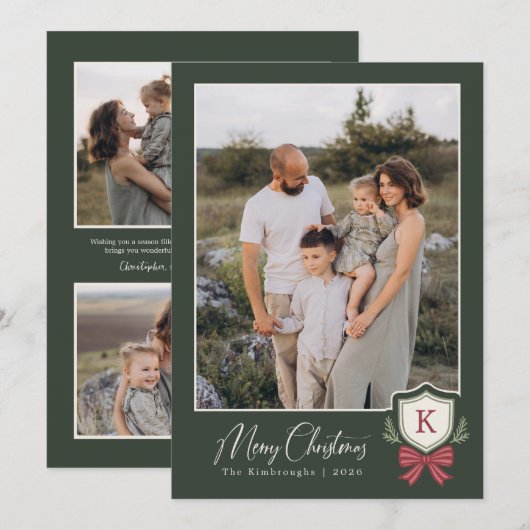 Krans gestreepte strik 4 monogram foto kerstkaart (Voorkant / Achterkant)