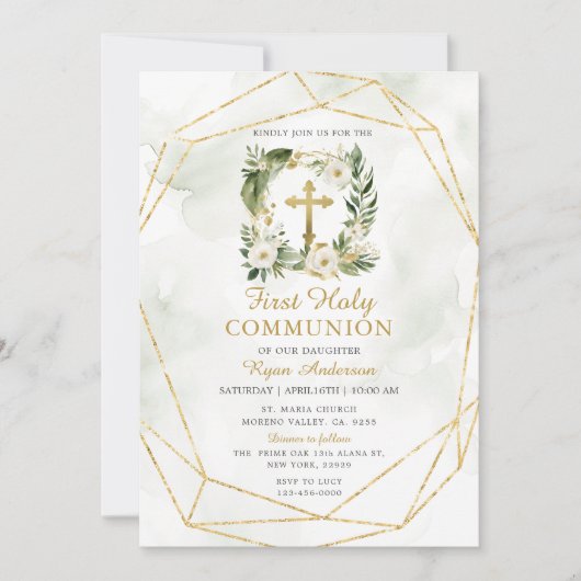 Krans groen witte rozen eerste heilige communie kaart (Voorkant)