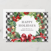Krans Holly Berries Black Plaid Business Feestdagenkaart (Voorkant / Achterkant)
