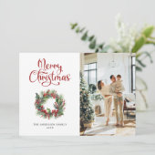 Krans Holly bessen Foto Merry Christmas Kaart (Staand voorkant)