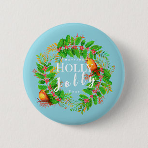 Krans Holly Jolly Christmas Blauwgroen Ronde Button 5,7 Cm