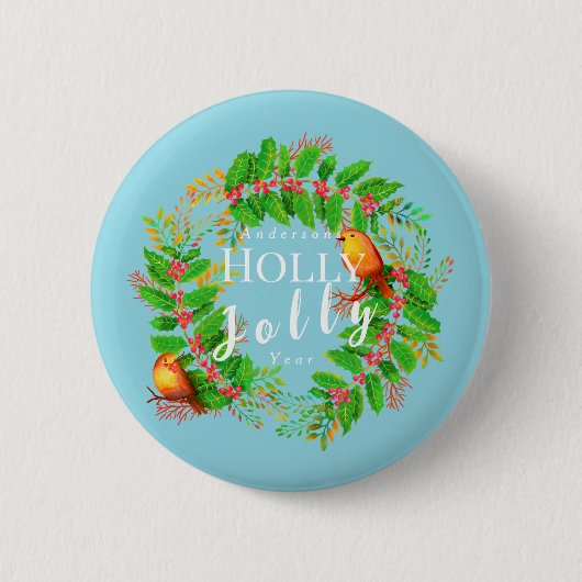 Krans Holly Jolly Christmas Blauwgroen Ronde Button 5,7 Cm (Voorkant)