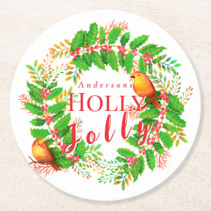 Krans Holly Jolly Family White Ronde Kartonnen Onderzetter