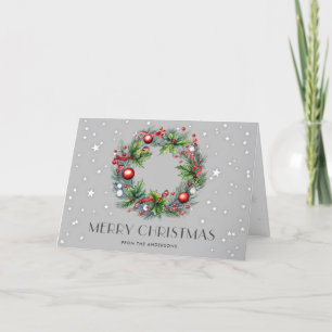 Krans Hulst Bes Ornamenten Sterren Kerstmis Feestdagen Kaart