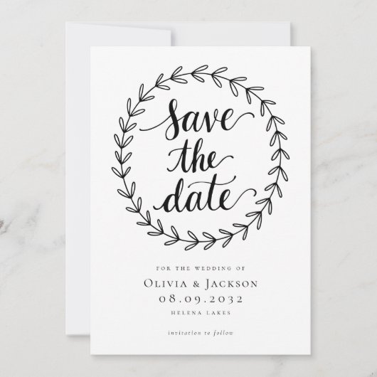 Krans kalligrafie foto bruiloft save the date (Voorkant)