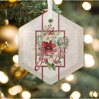 Krans Kerstbloemen met Joy-lettertype Glas Ornament