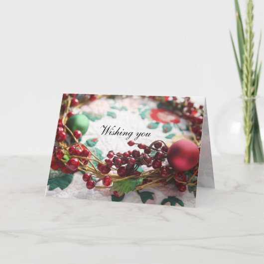Krans met bessen op een quilt Kerstmis Feestdagen Kaart (Voorkant)