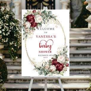 Krans met bordeauxrode bloemen baby shower welkom poster