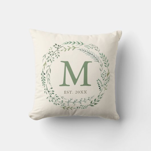 Krans met botanisch groen en monogram stichtingsda kussen (Voorkant)