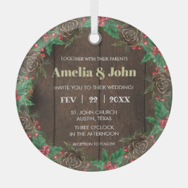 Krans met dennen huwelijksuitnodiging Kerstmis Glas Ornament