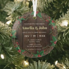 Krans met dennen huwelijksuitnodiging Kerstmis Glas Ornament