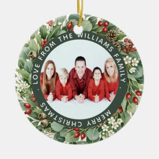 Krans met gebladerte Kerst Familie Foto Kerstmis Keramisch Ornament